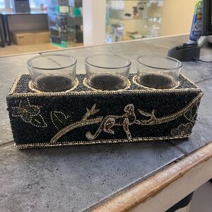 Hand-Beaded Black Glass Votive Holder with Three Glass Cups